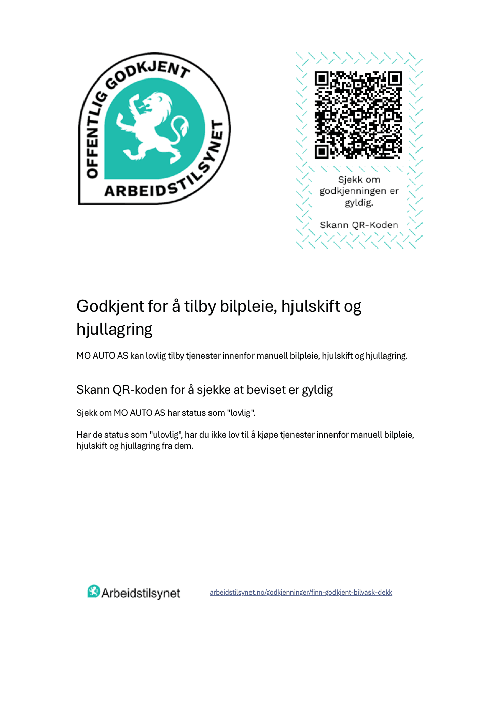 Godkjenningsbevis fra Arbeidstilsynet for MO AUTO AS